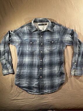 Polo Ralph Lauren Shirt Mens M Flannel Pearl Snap Blue Plaid Long Sleeve Western